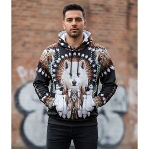 Native American Indian Hoodie Pullover Jumper 3D Wolf Sweatshirt Jacket Size S